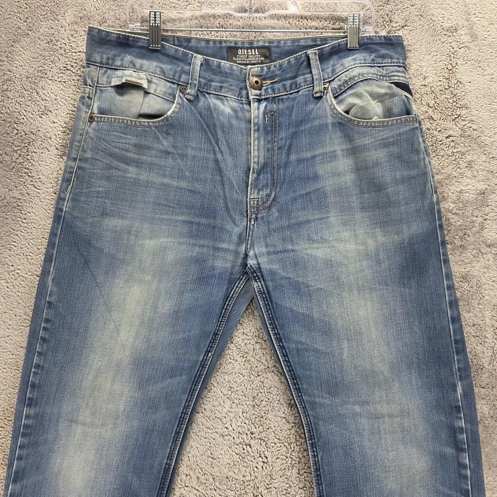 Diesel Jeans Mens 34x32 Blue Regular Straight Distressed Zip Fly Altered Hem